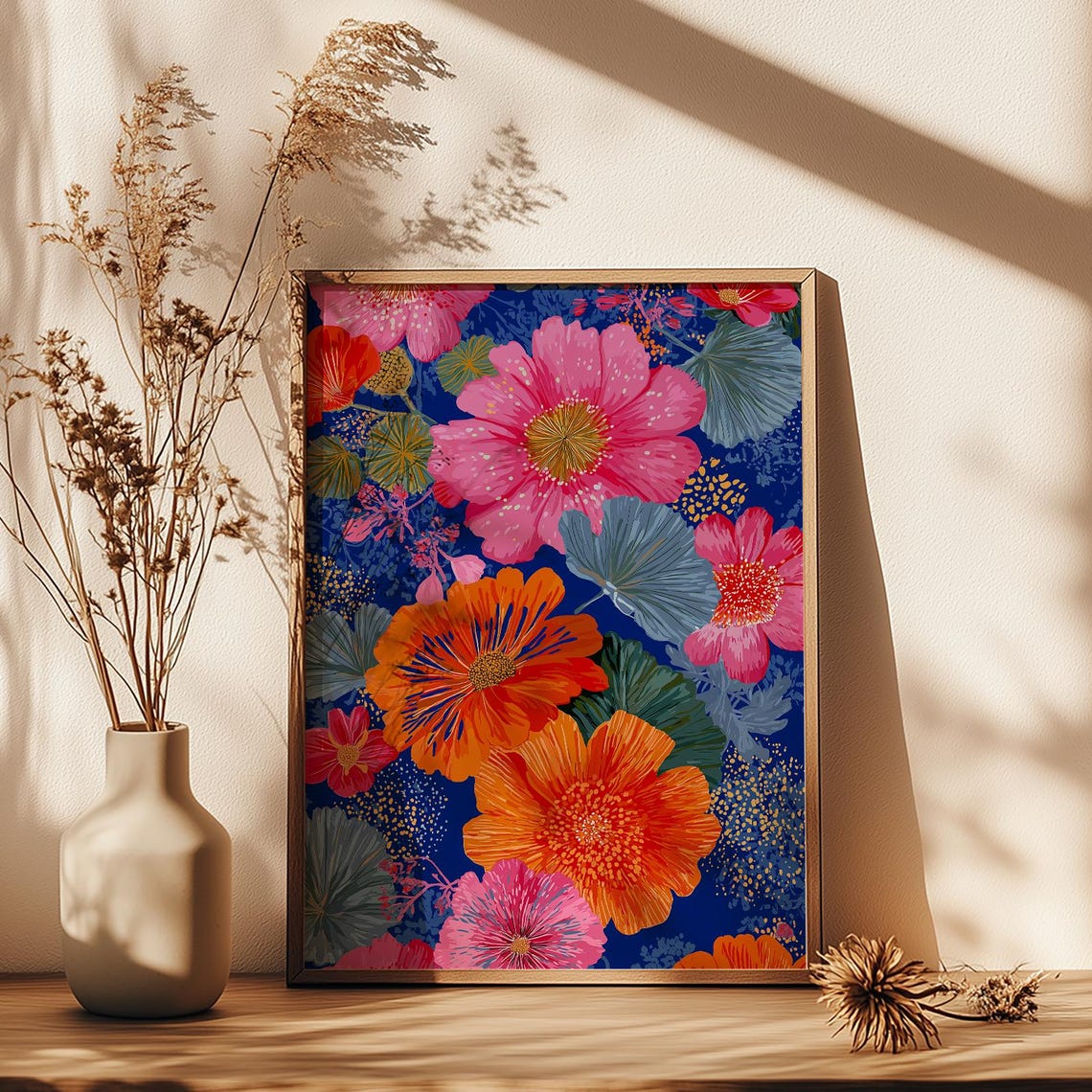 Bold Pink Orange Floral Blossoms Deep Blue Botanical Art Poster