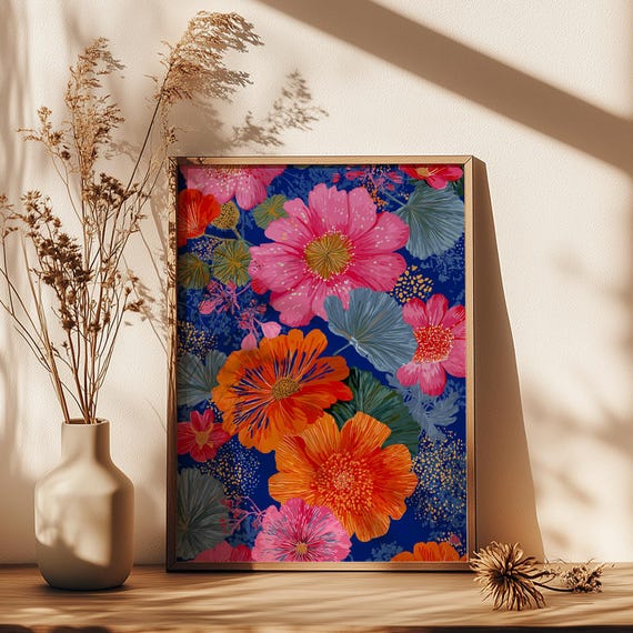 Bold Colorful Floral Wall Art Print Bright Pink Orange Blossoms On Deep Blue Botanical Home Dcor Canvas Gift For Flower Lovers