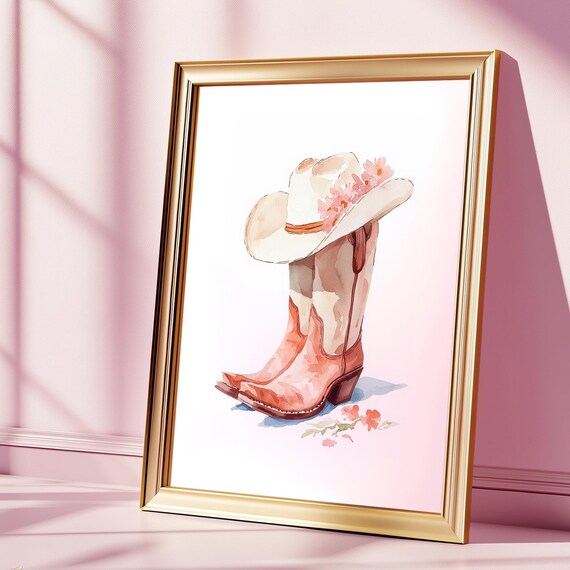 Cowgirl Boots Floral Cowboy Hat Watercolor Western Nursery Poster