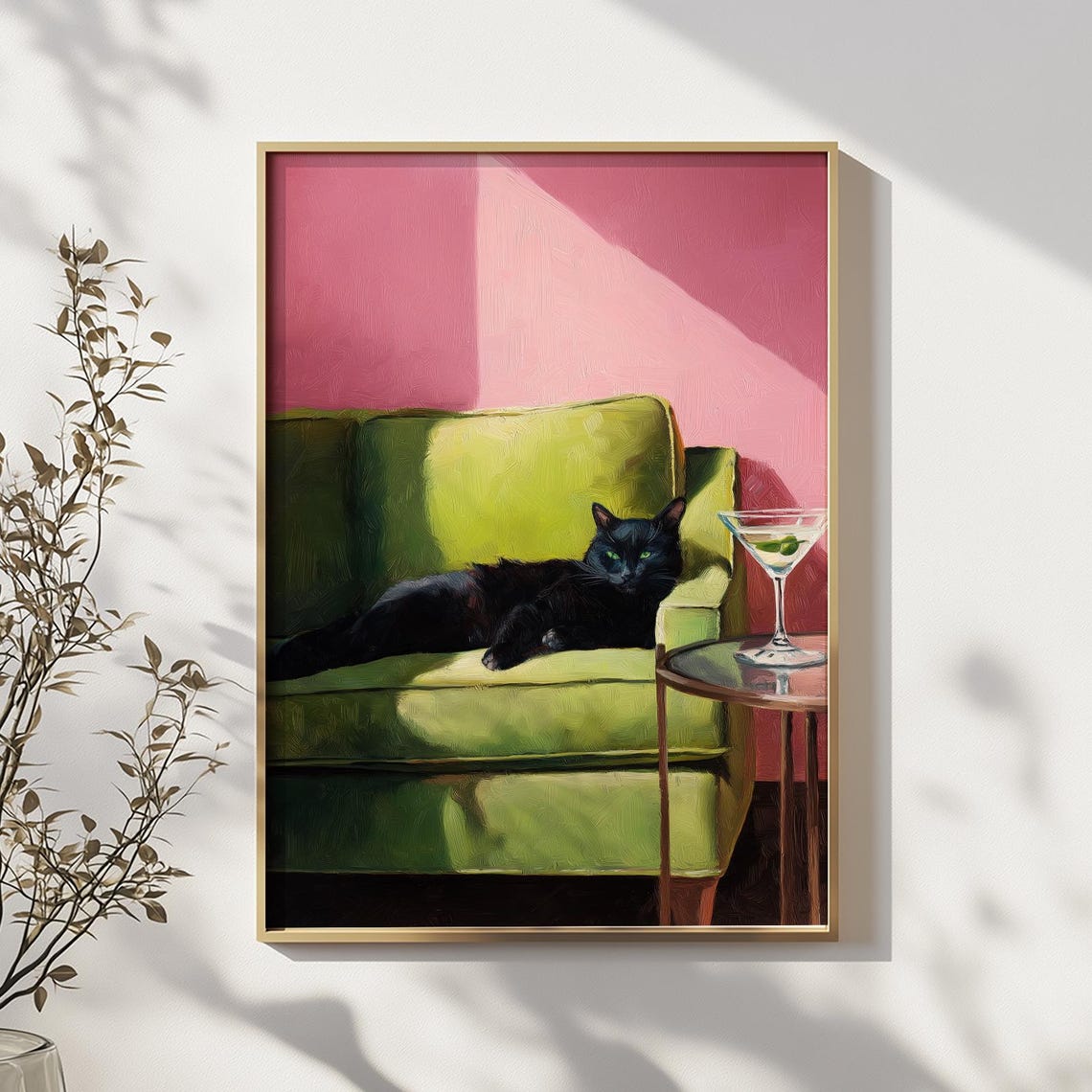 Black Cat Lounging Green Couch Cocktail Martini Bar Cart Art Poster
