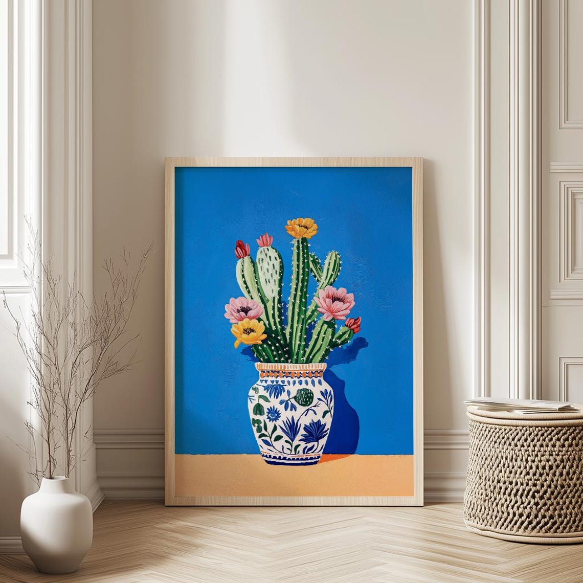 Blooming Cacti in Talavera Vase on Blue Mexican Folk Art Poster