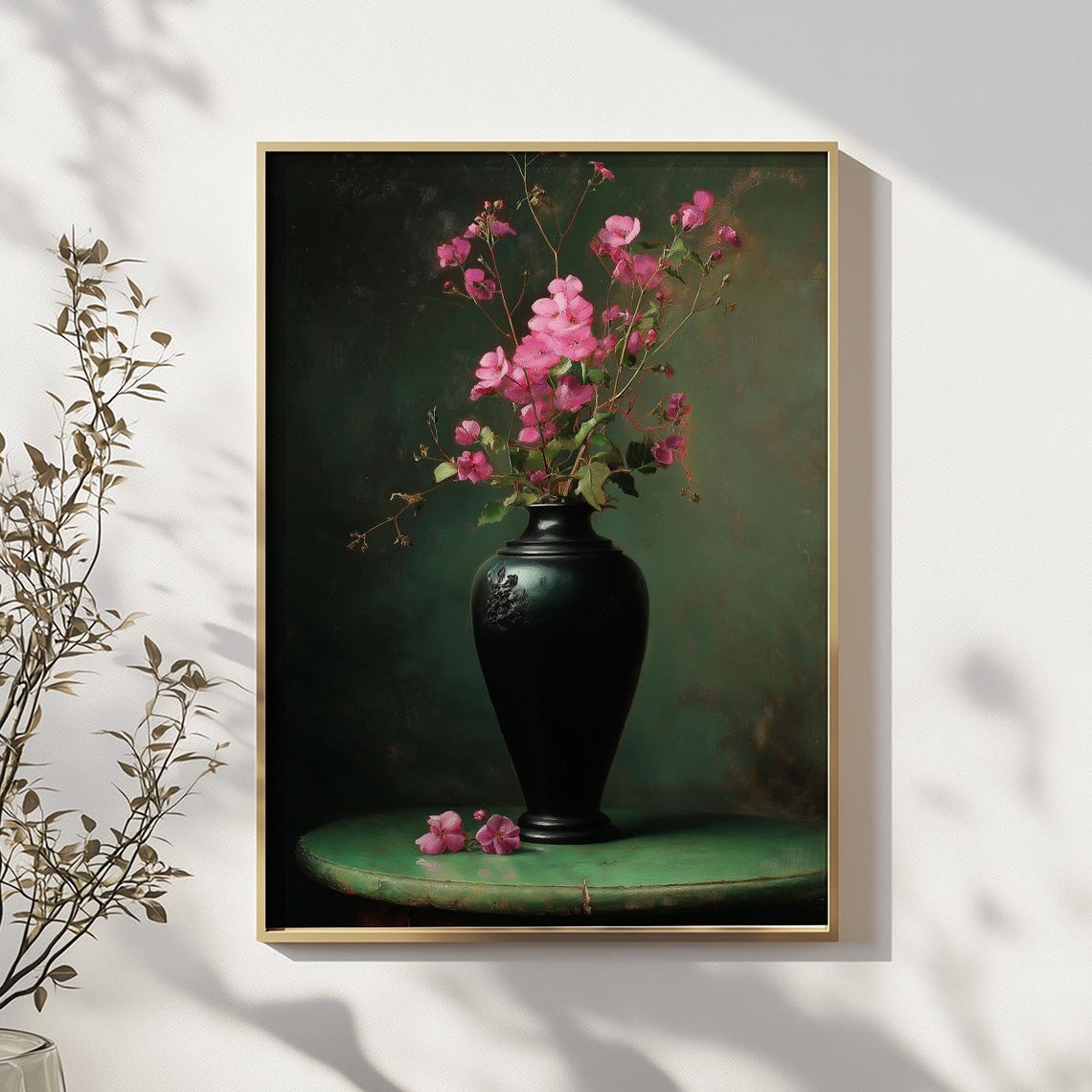 Dark Floral Still Life Pink Blossoms in Black Vase Moody Poster