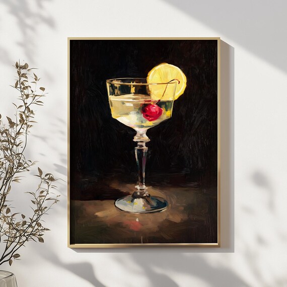 Cherry Cocktail Coupe Glass Moody Dark Bar Art Painting Poster