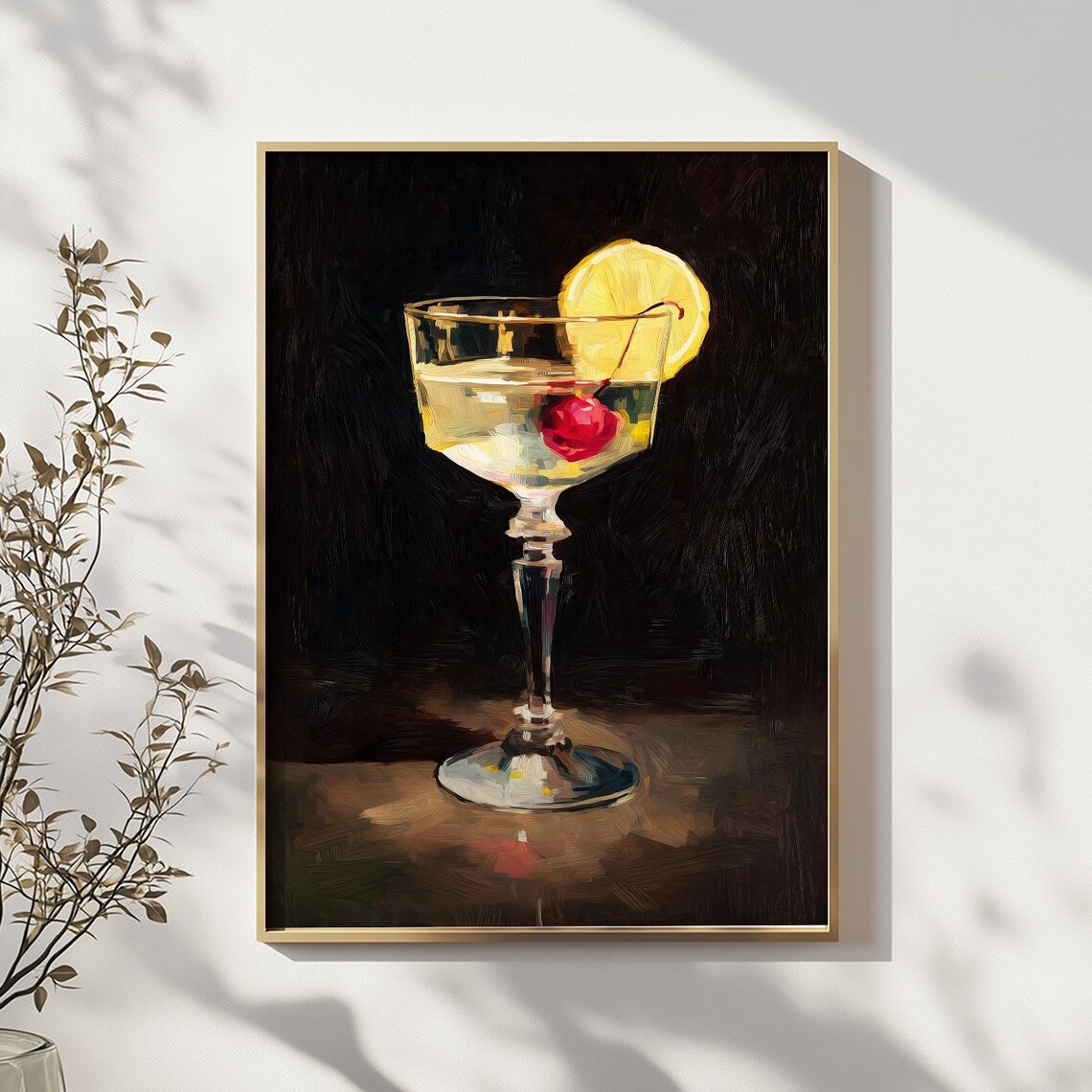 Cherry Cocktail Coupe Glass Moody Dark Bar Art Painting Poster