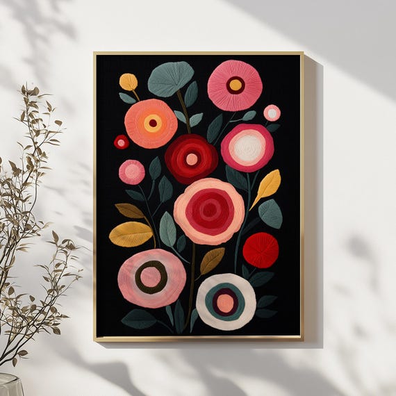 Textile Embroidered Flower Wall Art Modern Yarn Floral Bouquet On Black Background Bold Boho Embroidery Style Print For Home Decor Lovers