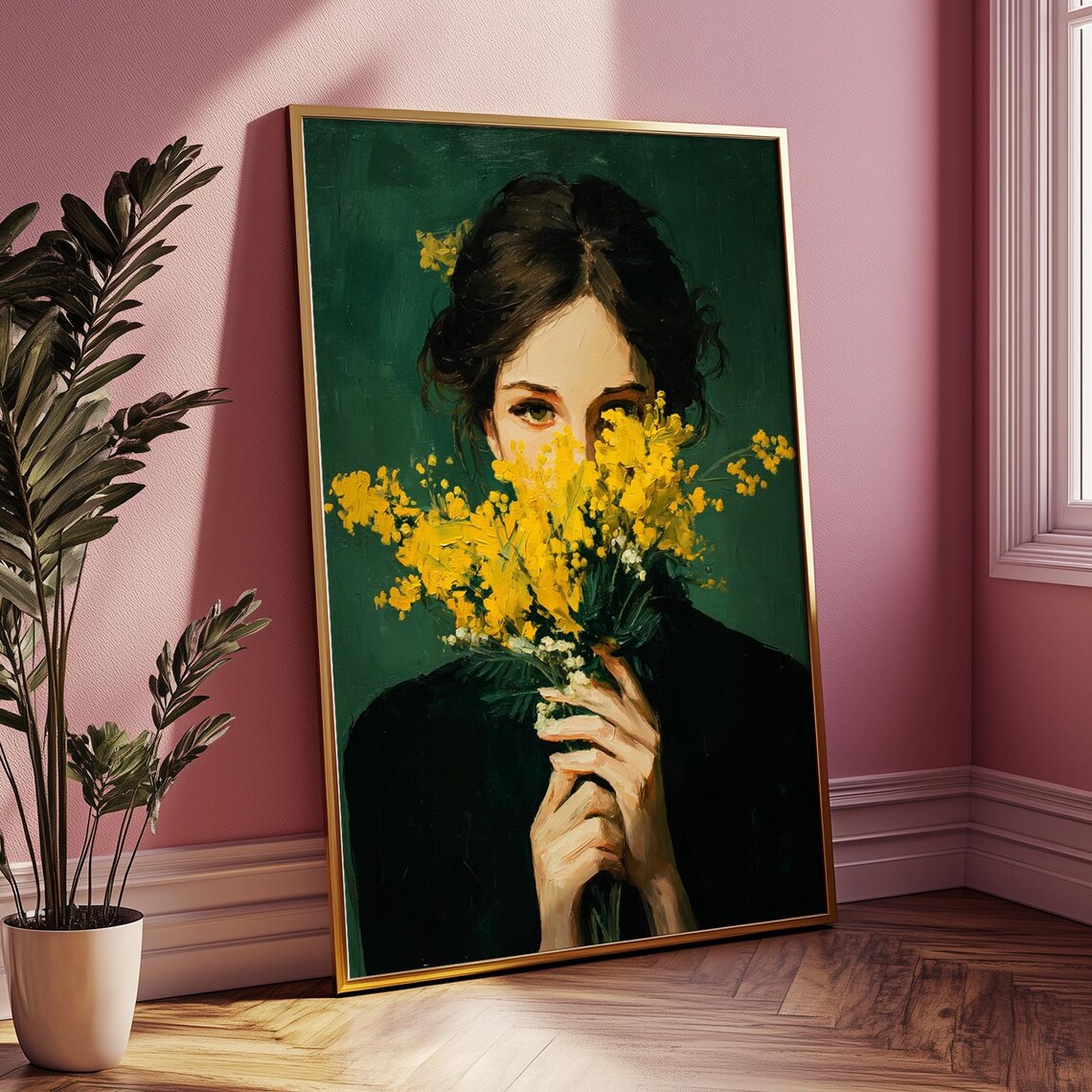 Golden Mimosa Bouquet Woman Portrait Emerald Oil Painting Style Poster