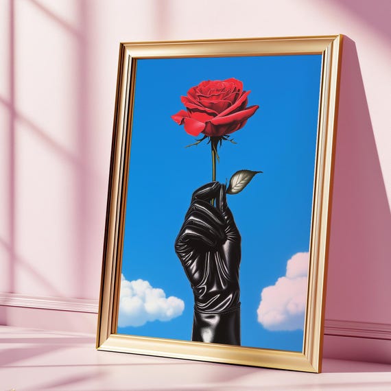 Surreal Rose Art Print Black Glove Holding Red Poster Bold Pop Wall Decor Minimalist Floral Illustration For Modern Interiors