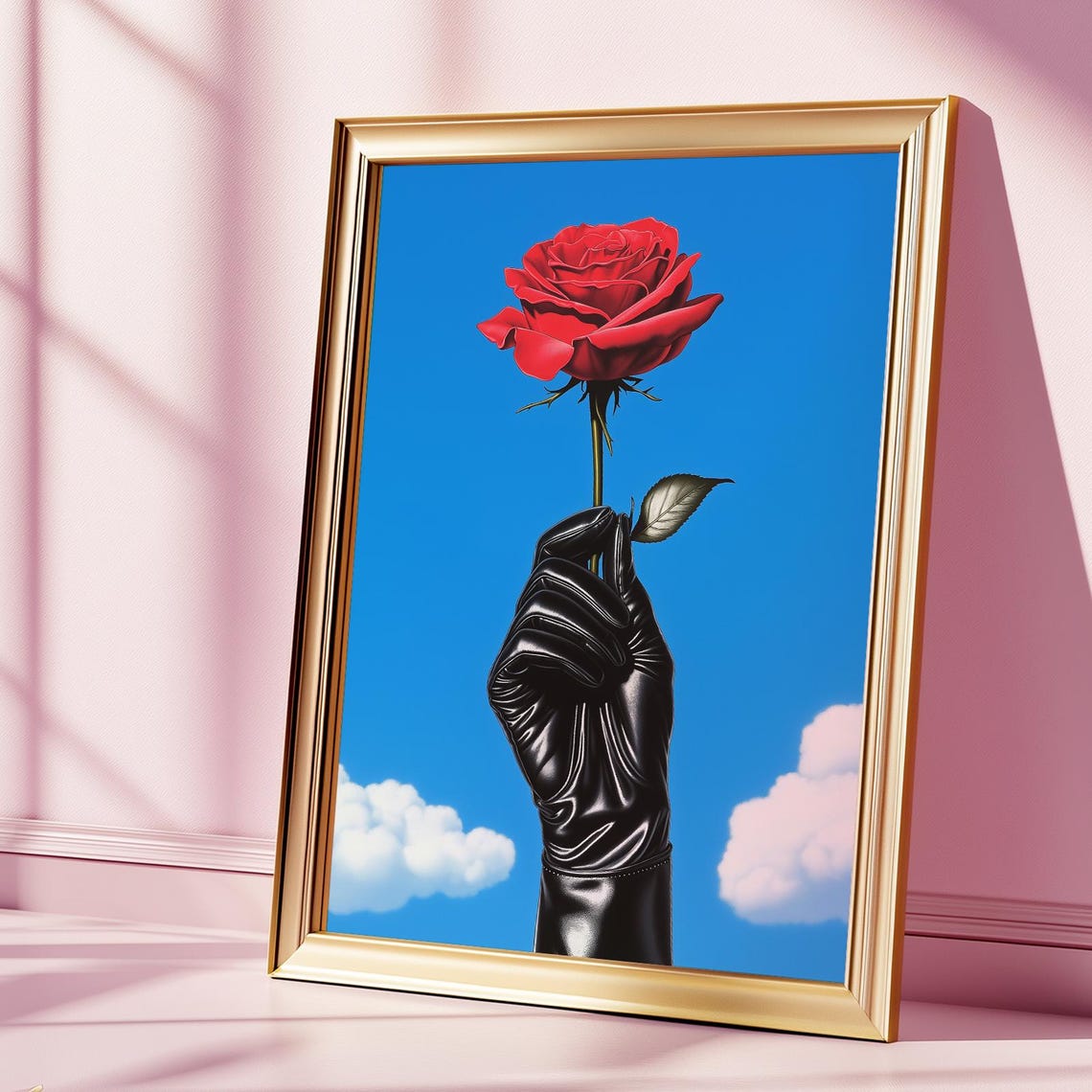 Black Glove Holding Red Rose Bold Surreal Sky Romance Art Poster