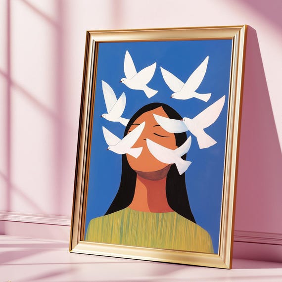 Abstract Woman With Birds Art Peaceful Modern Wall Print Feminine Emotional Poster Blue Minimalist Illustration Gift For Her