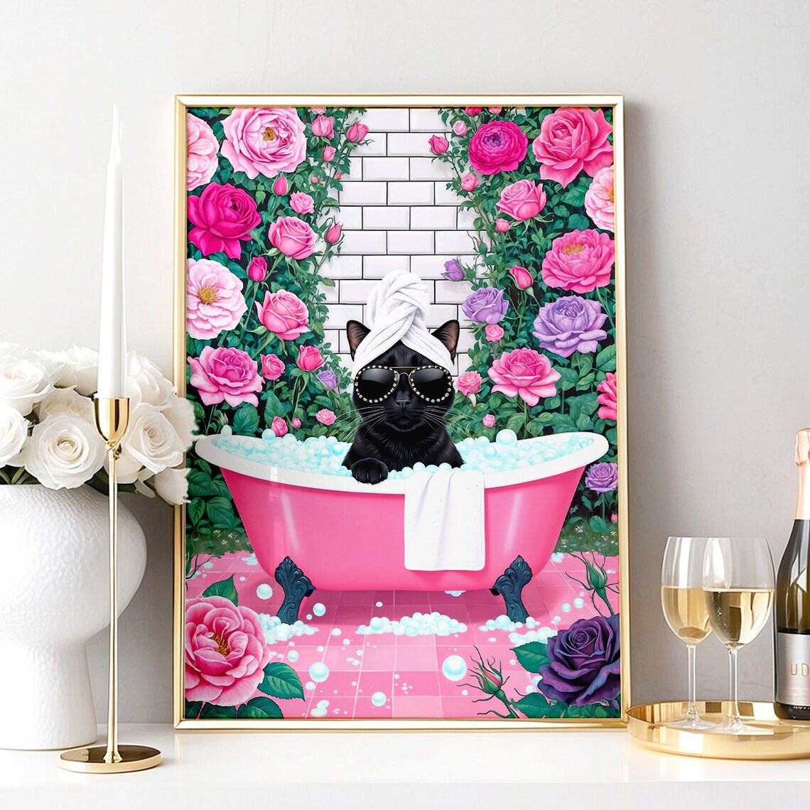 Black Cat Spa Day Sunglasses Pink Bubble Bath Funny Bathroom Poster - Image 3