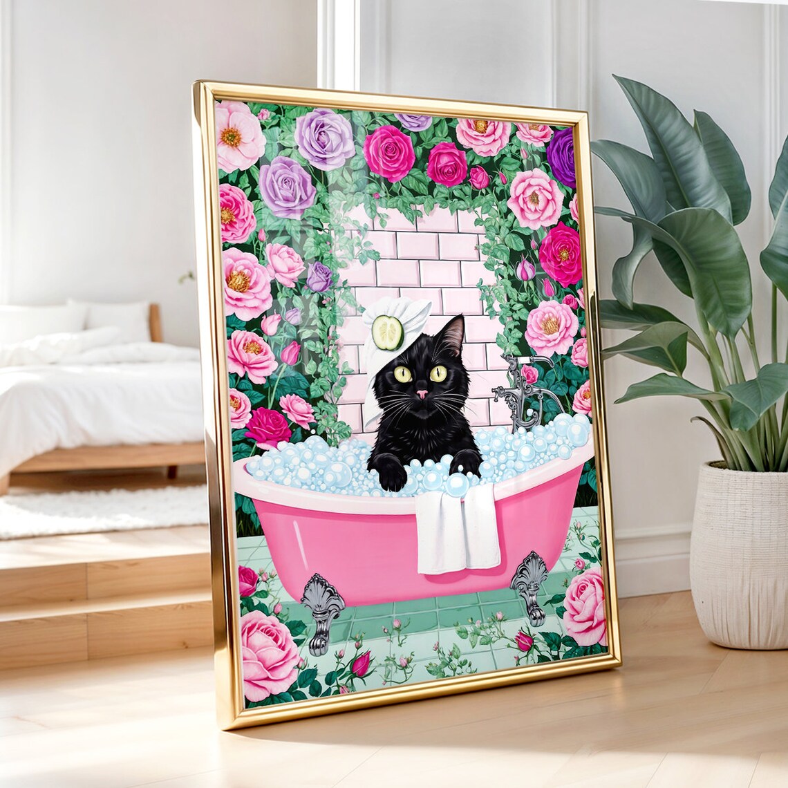 Black Cat Bubble Bath Cucumber Spa Funny Pink Bathroom Poster - Image 3