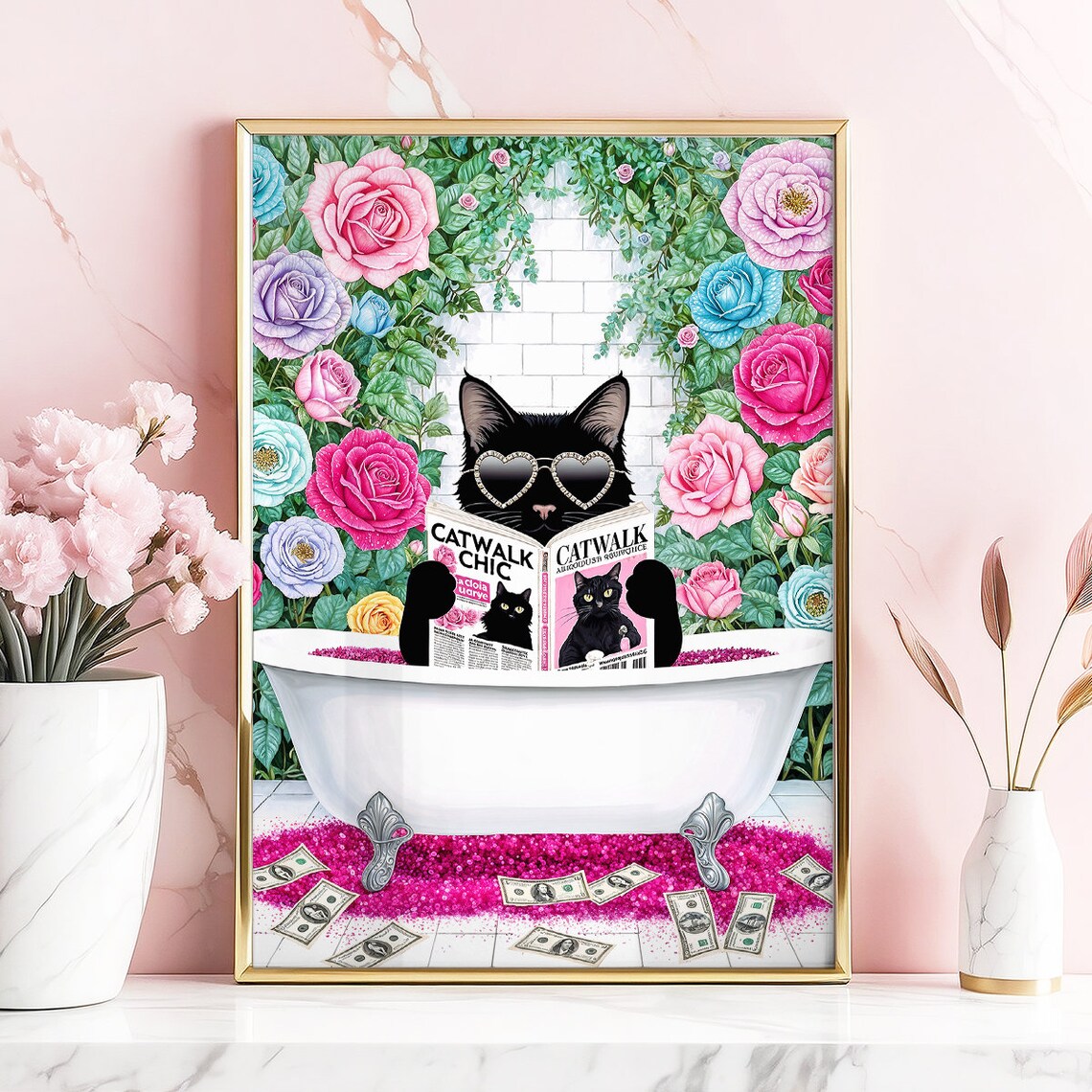Black Cat In Bathtub Reading Catwalk Chic Magazine With Roses Poster
