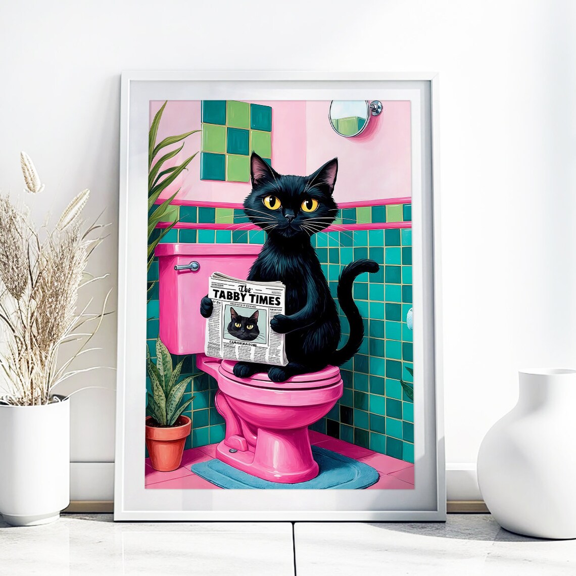 Black Cat Reading Tabby Times Retro Pink Bathroom Humor Poster - Image 5