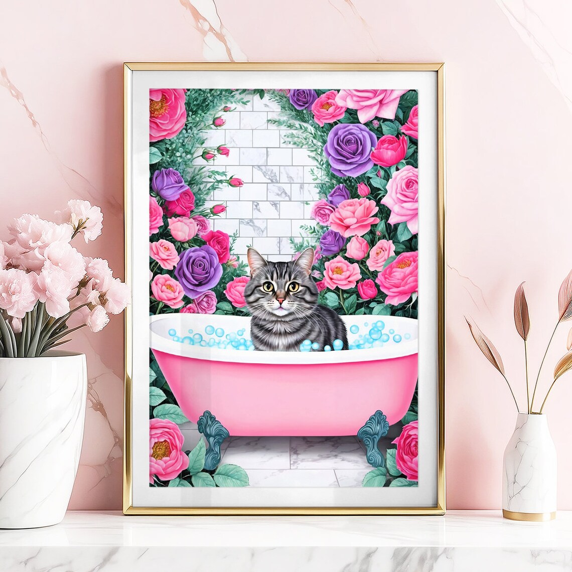 Grey Tabby Cat In Pink Bathtub With Bubbles And Roses Poster - Image 2