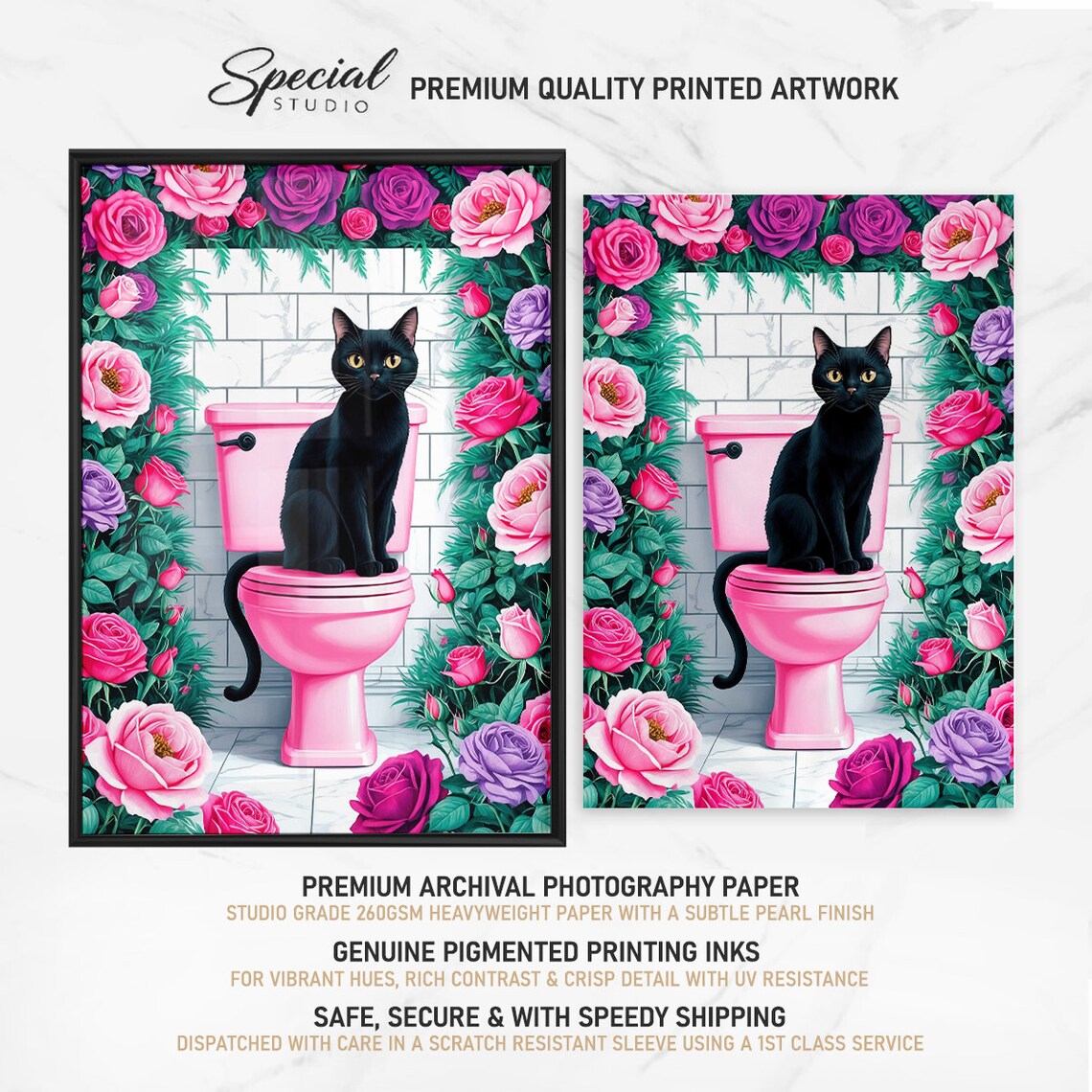 Funny Black Cat On Pink Toilet With Pink Rose Garden Frame Poster - Image 2
