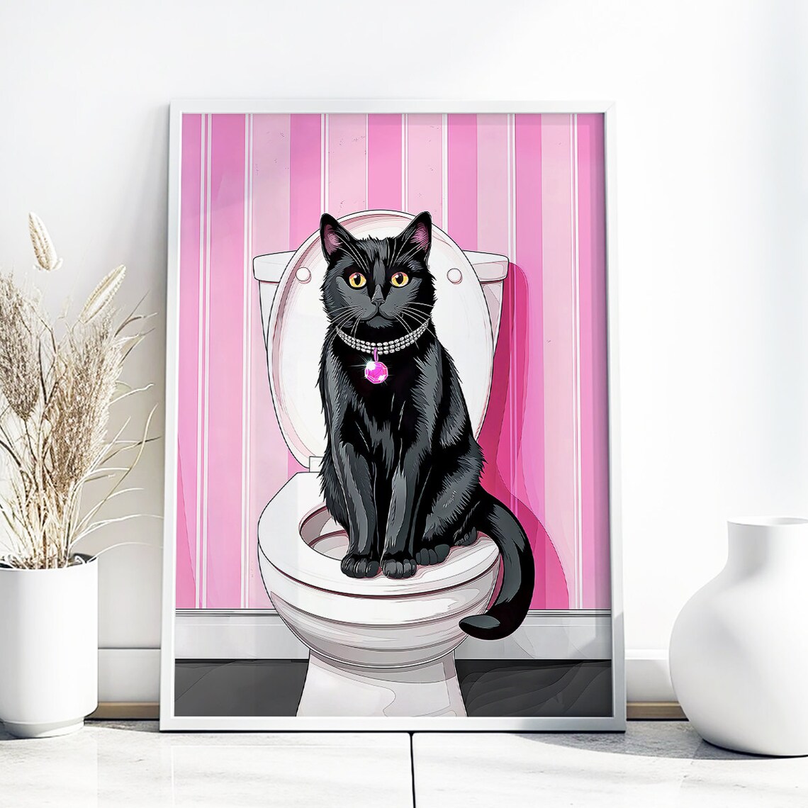 Black Cat in Pearl Necklace on Toilet Pink Glam Bathroom Poster - Image 5
