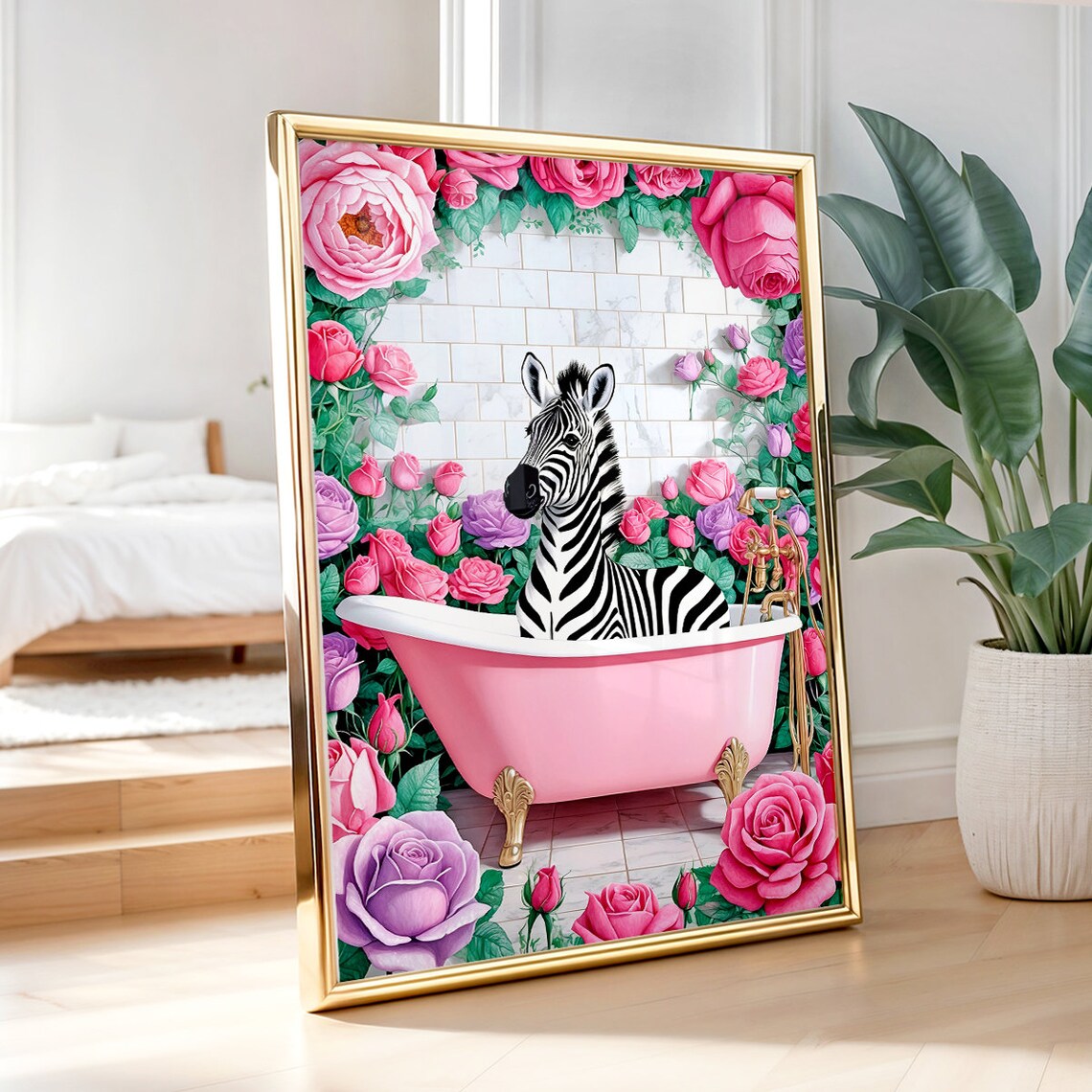 Zebra Pink Bathtub Roses Funny Maximalist Bathroom Floral Poster - Image 3