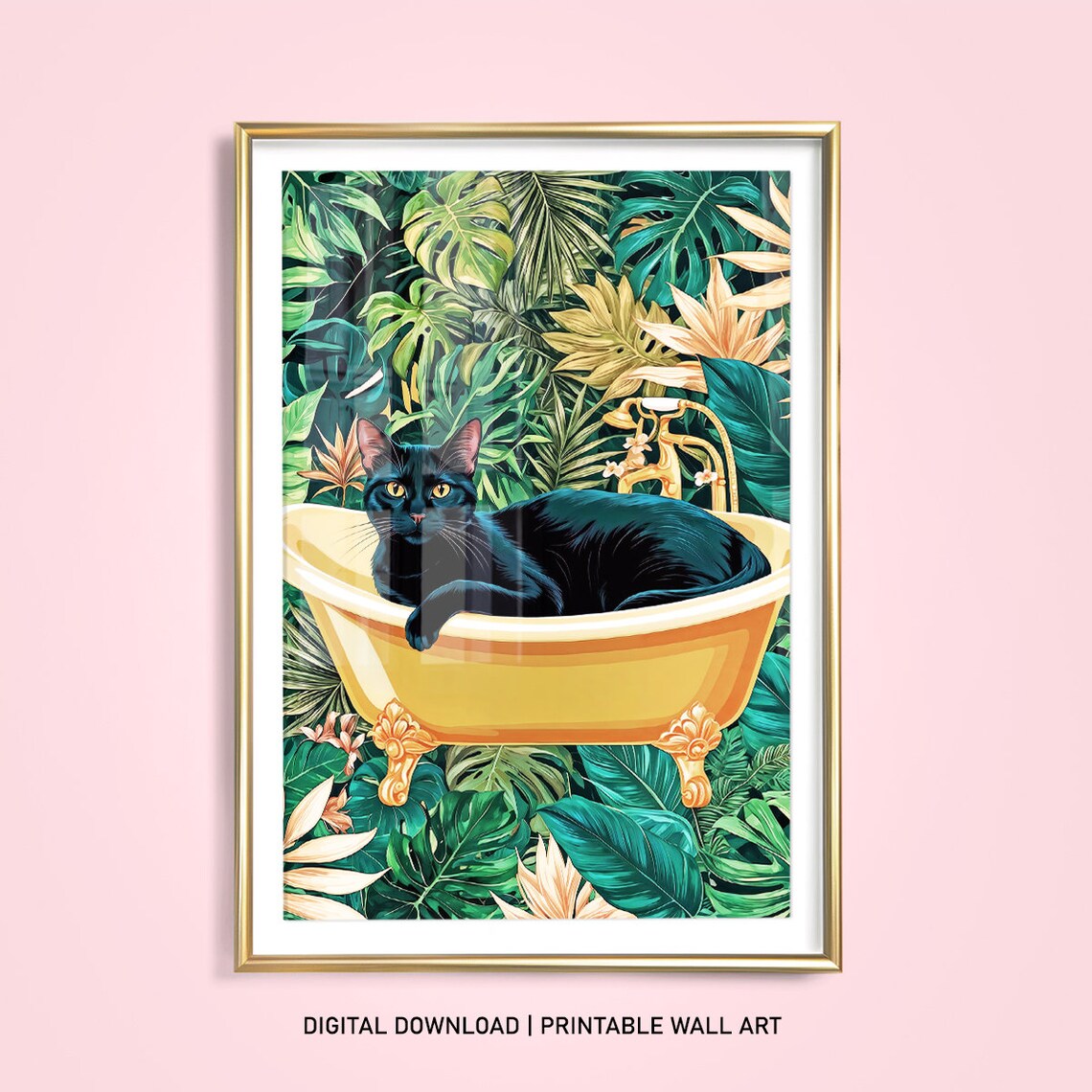 Black Cat In Golden Bathtub With Tropical Monstera Leaves Poster - Image 2