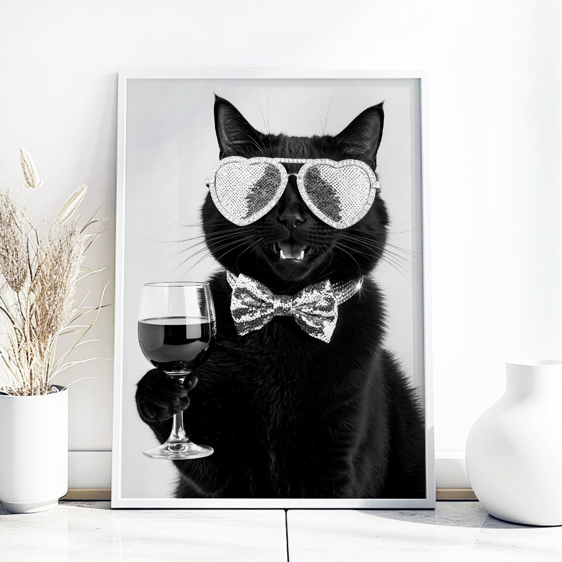 Black Cat in Heart Sunglasses Holding Wine Glass Party Poster - Image 3