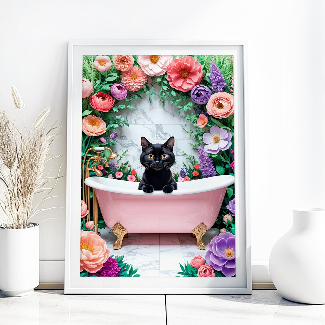 Black Cat Coral Floral Pink Bathtub Rose Garden Bathroom Wall Poster - Image 5