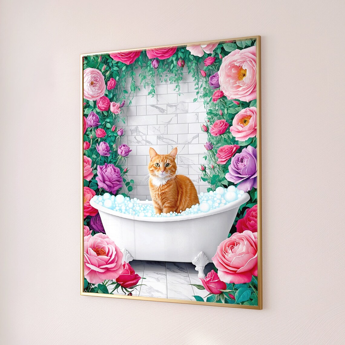 Ginger Cat Bubble Bath Roses Cute Funny Bathroom Decor Poster - Image 3