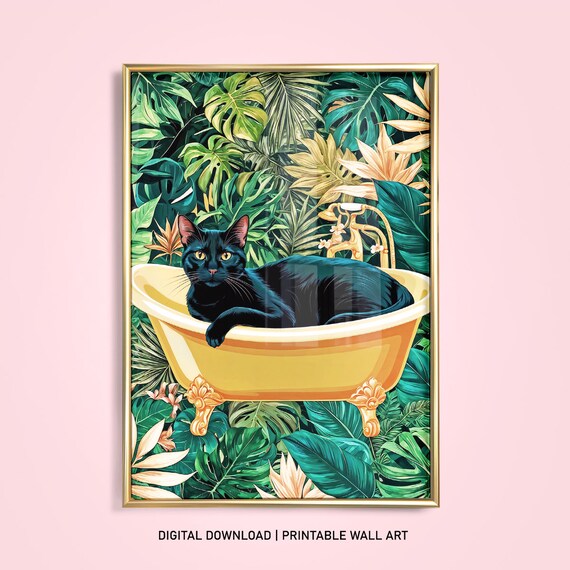 Black Cat In Golden Bathtub With Tropical Monstera Leaves Poster
