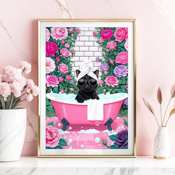 Black Cat Spa Day Sunglasses Pink Bubble Bath Funny Bathroom Poster