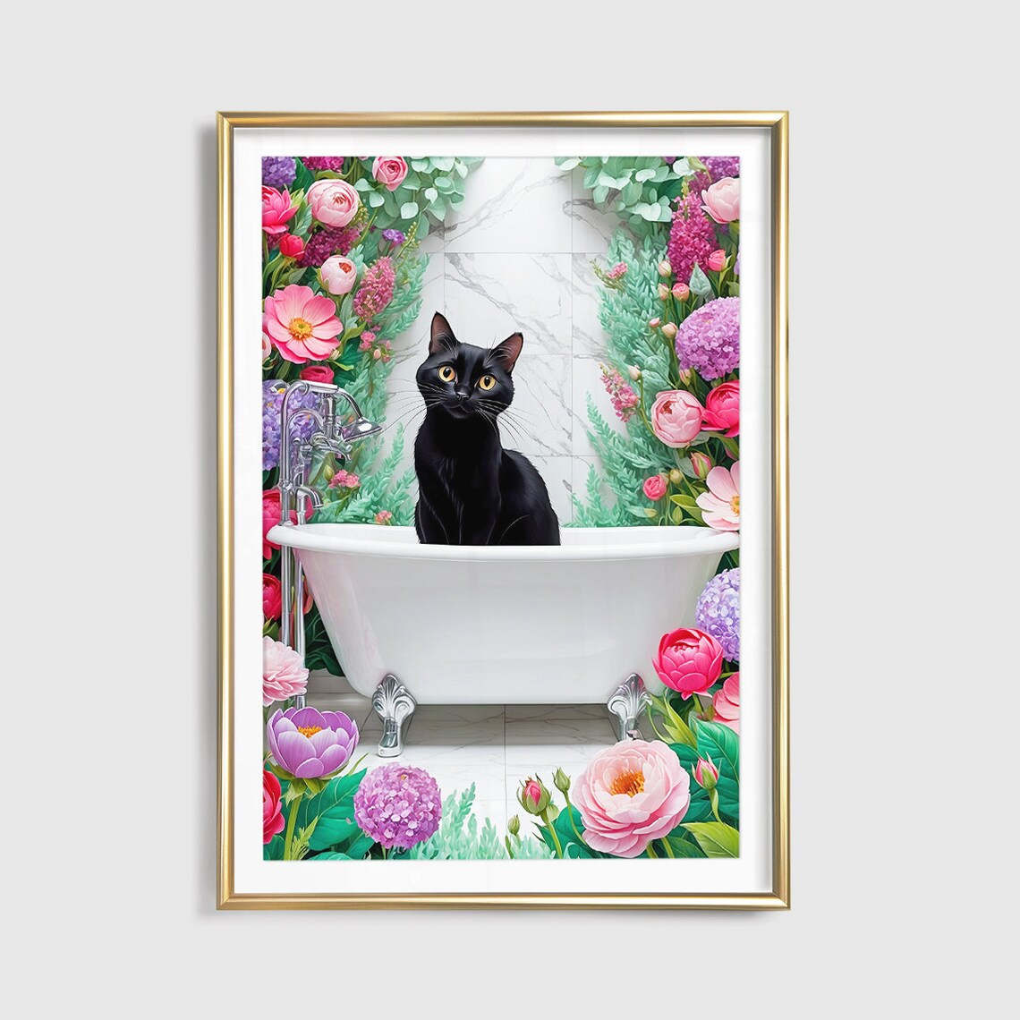 Black Cat White Bathtub Floral Arch Cute Bathroom Decor Poster - Image 2