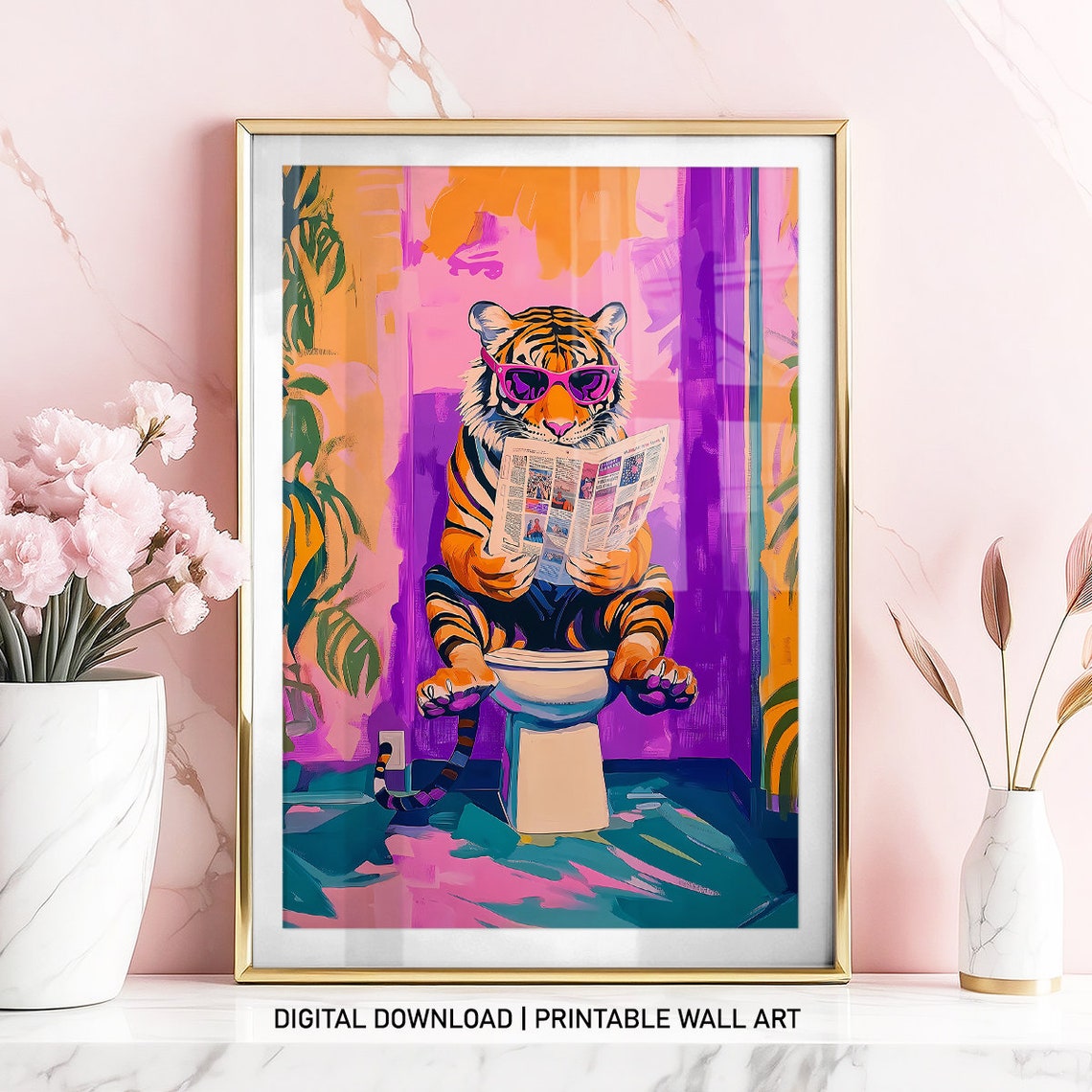 Funny Pink Preppy Boho Tiger Bathroom Art Print - Image 5
