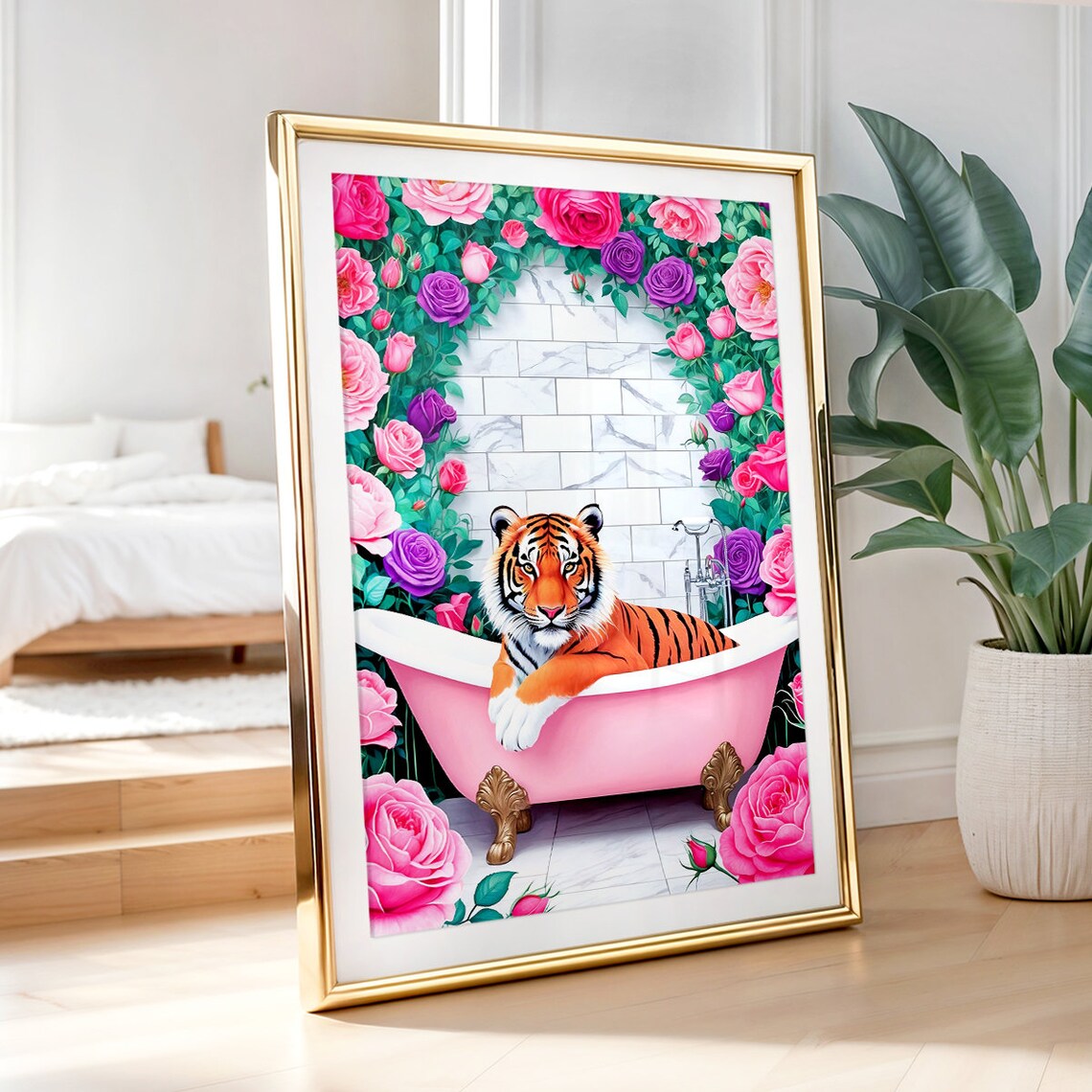 Tiger Pink Bathtub Roses Maximalist Funny Bathroom Decor Poster