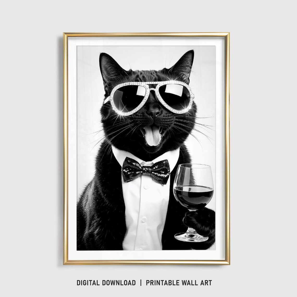 Black Cat Drinking Wine, Funny Cat Gift