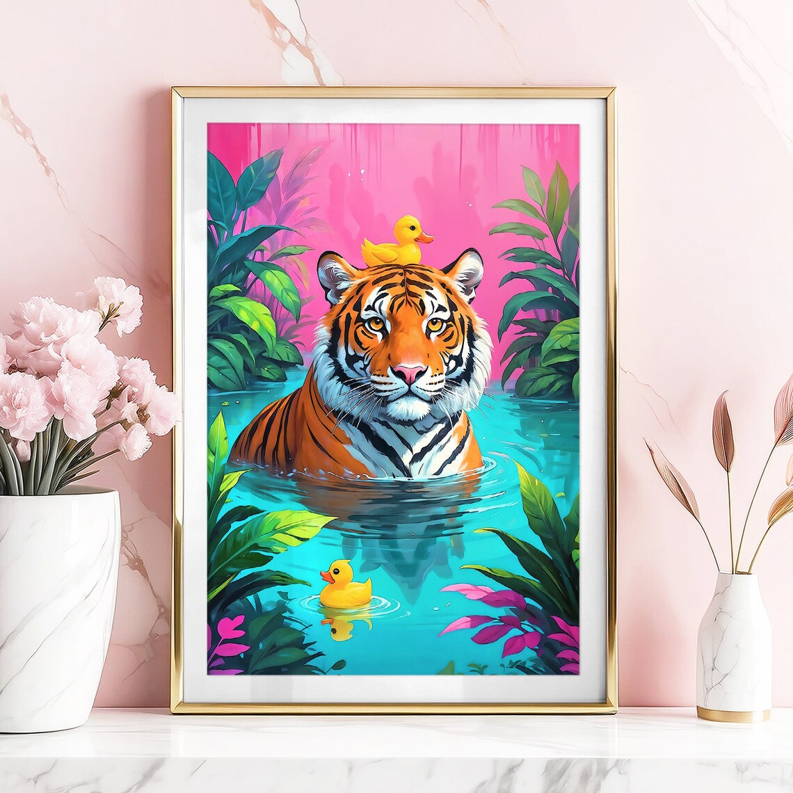 Tiger In Bathtub With Rubber Ducks Tropical Pink Bathroom Poster - Image 5