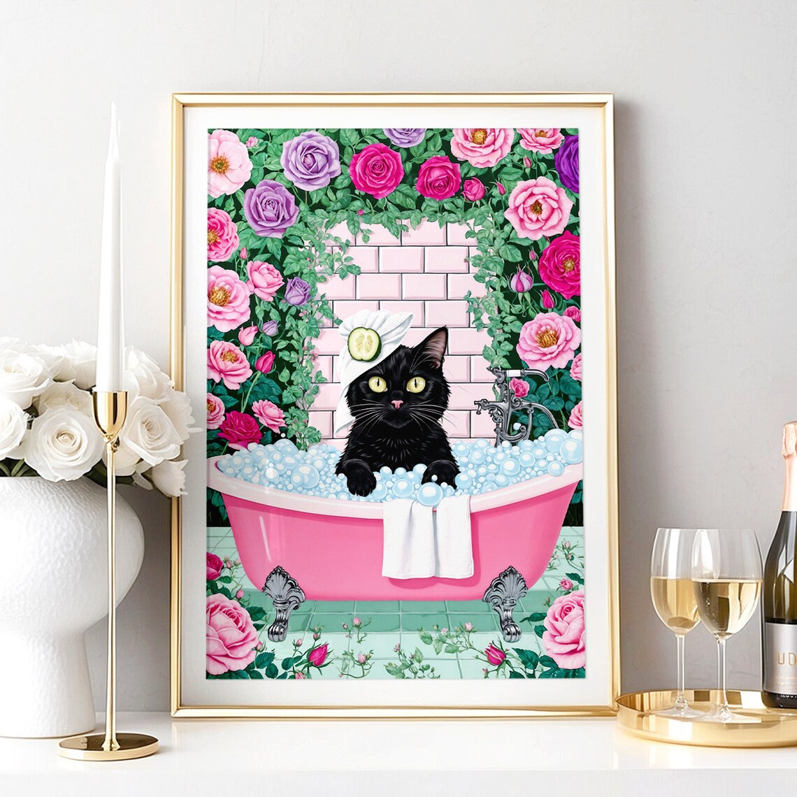 Black Cat In Pink Bubble Bath With Towel Wrap And Roses Poster - Image 2