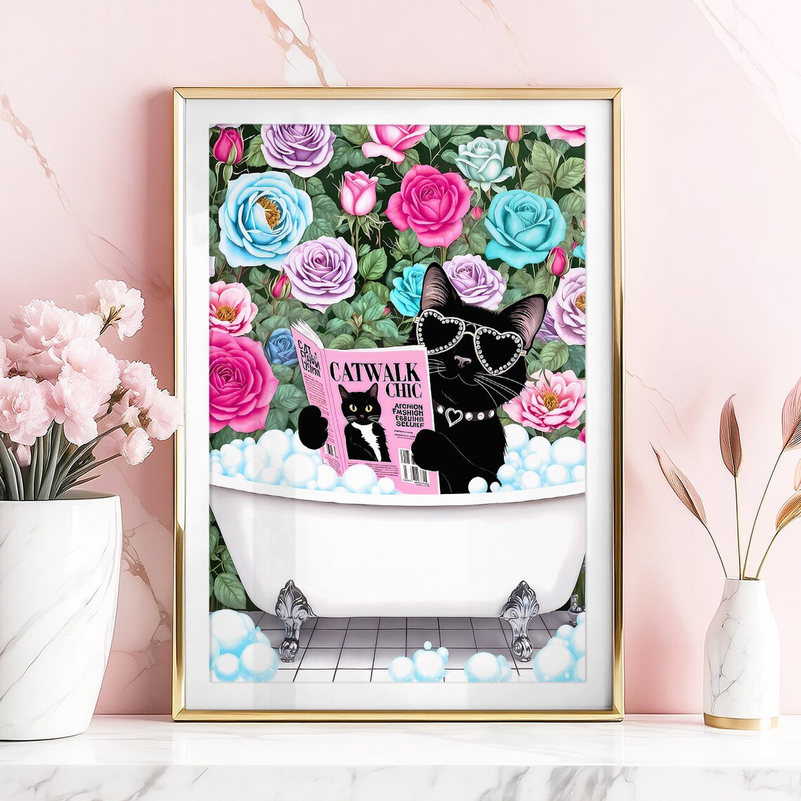 Black Cat Reading Catwalk Chic In Bubble Bath With Roses Poster - Image 4