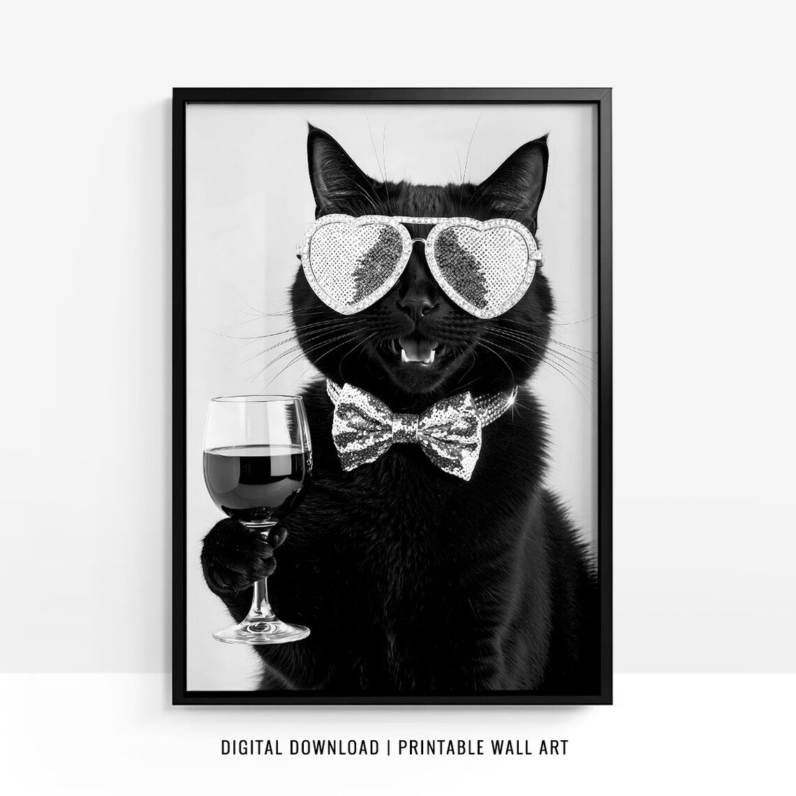 Black Cat in Heart Sunglasses Holding Wine Glass Party Poster - Image 2