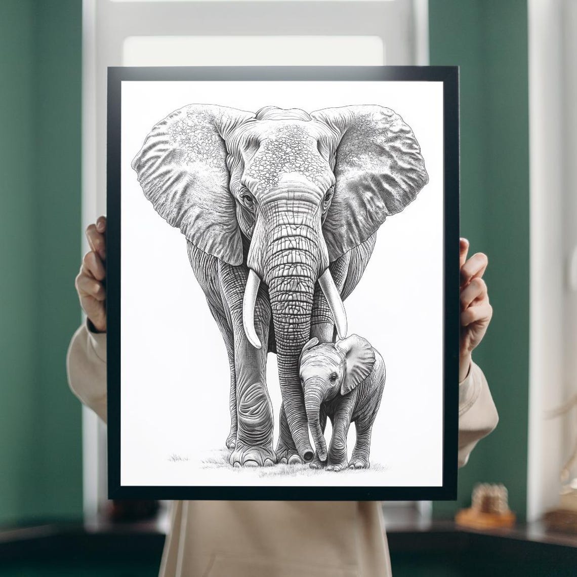 Elephant Mother and Calf Pencil Drawing Tender Nature Art Poster - Image 5