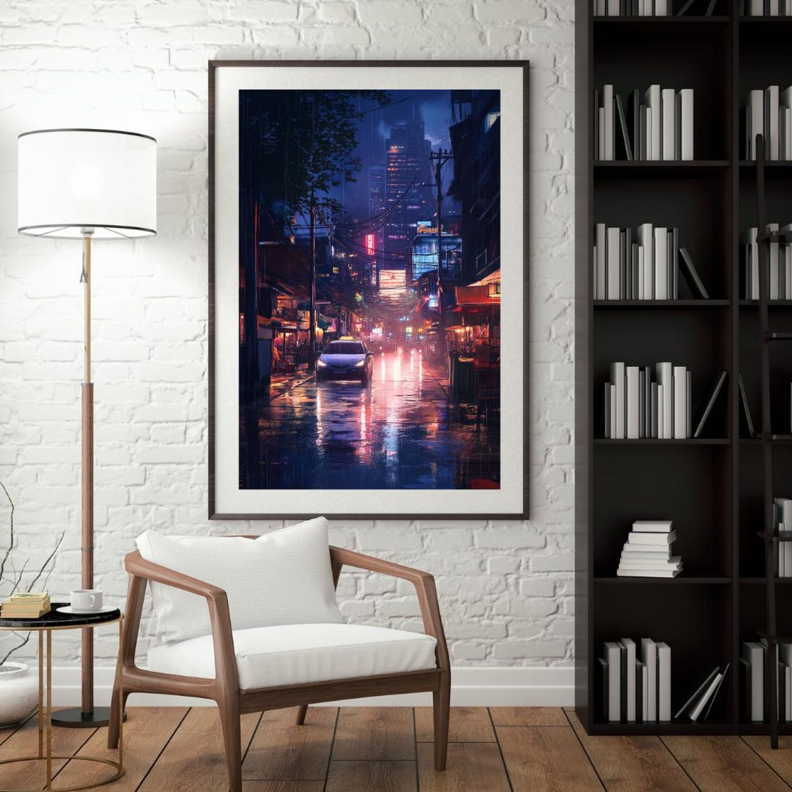 Rainy Neon City Night Street With Taxi And Wet Reflections Poster - Image 4