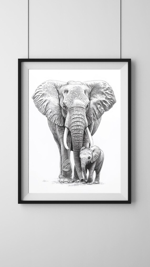 Elephant Mother and Calf Pencil Drawing Tender Nature Art Poster