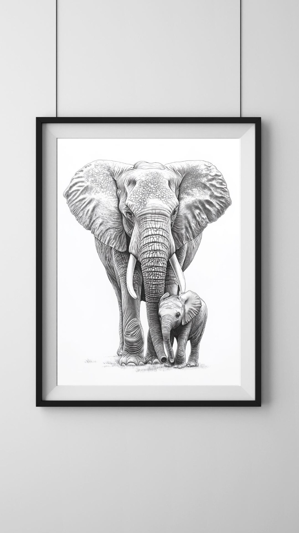 Elephant Mother and Calf Pencil Drawing Tender Nature Art Poster