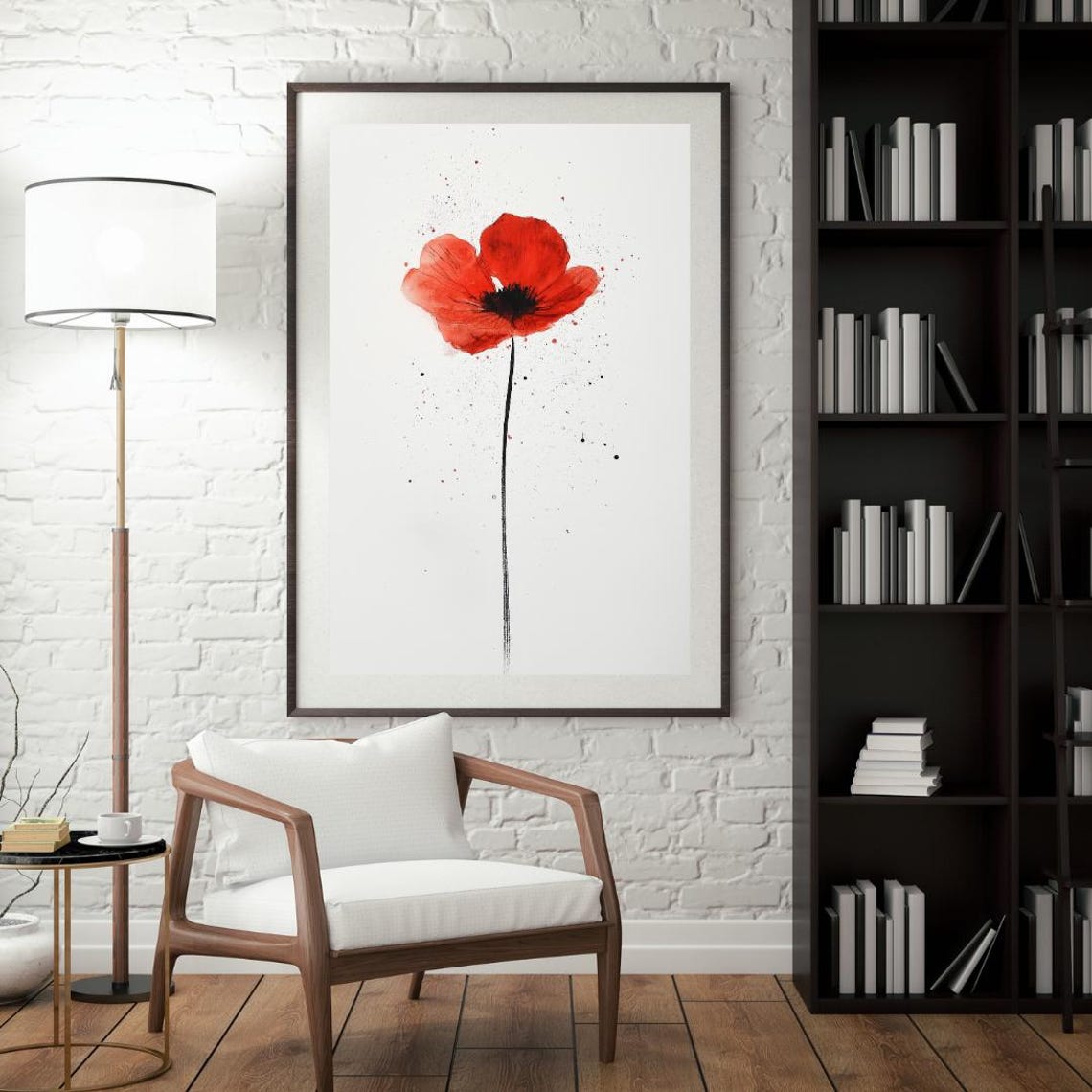Single Red Poppy Watercolor Splash On White Minimalist Poster - Image 4