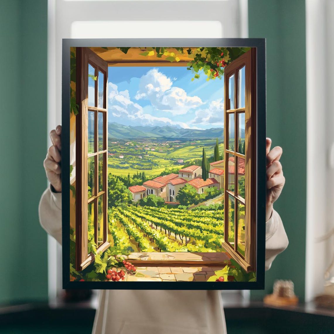 Open Window Overlooking Tuscan Village Vineyards And Mountains Poster - Image 5