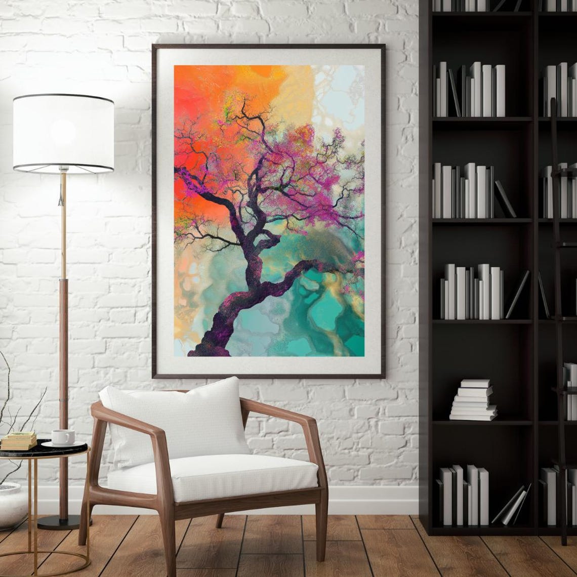 Twisted Blossom Tree Against Orange And Teal Abstract Sky Poster - Image 4