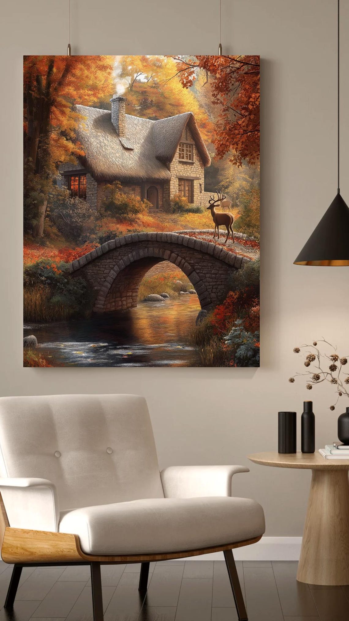 Thatched Stone Cottage By Autumn Bridge With Deer And Stream Poster - Image 5