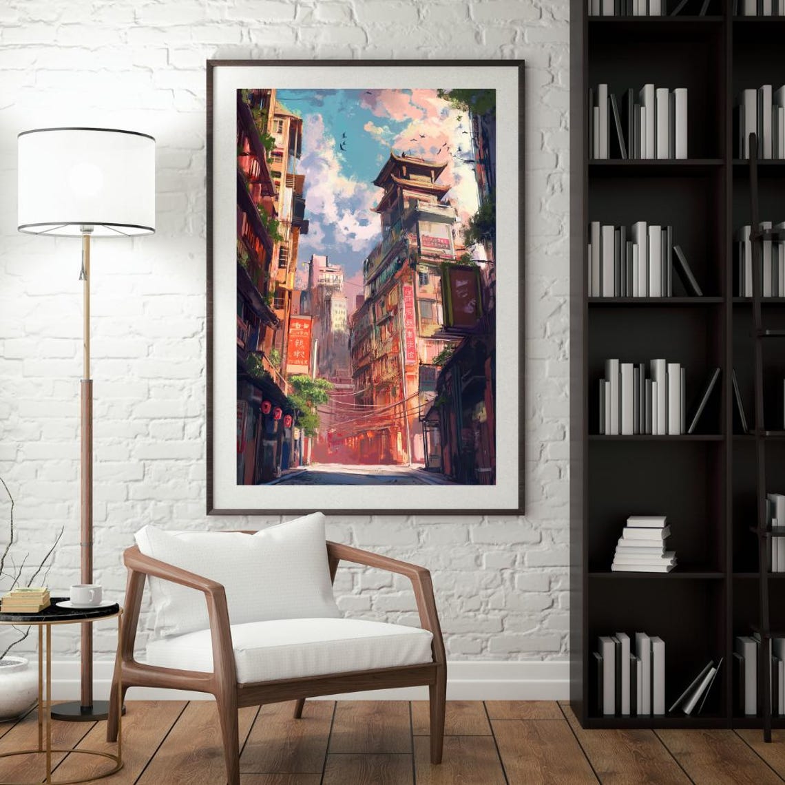 Pagoda Tower Above Bustling Asian City Street Illustration Poster - Image 4