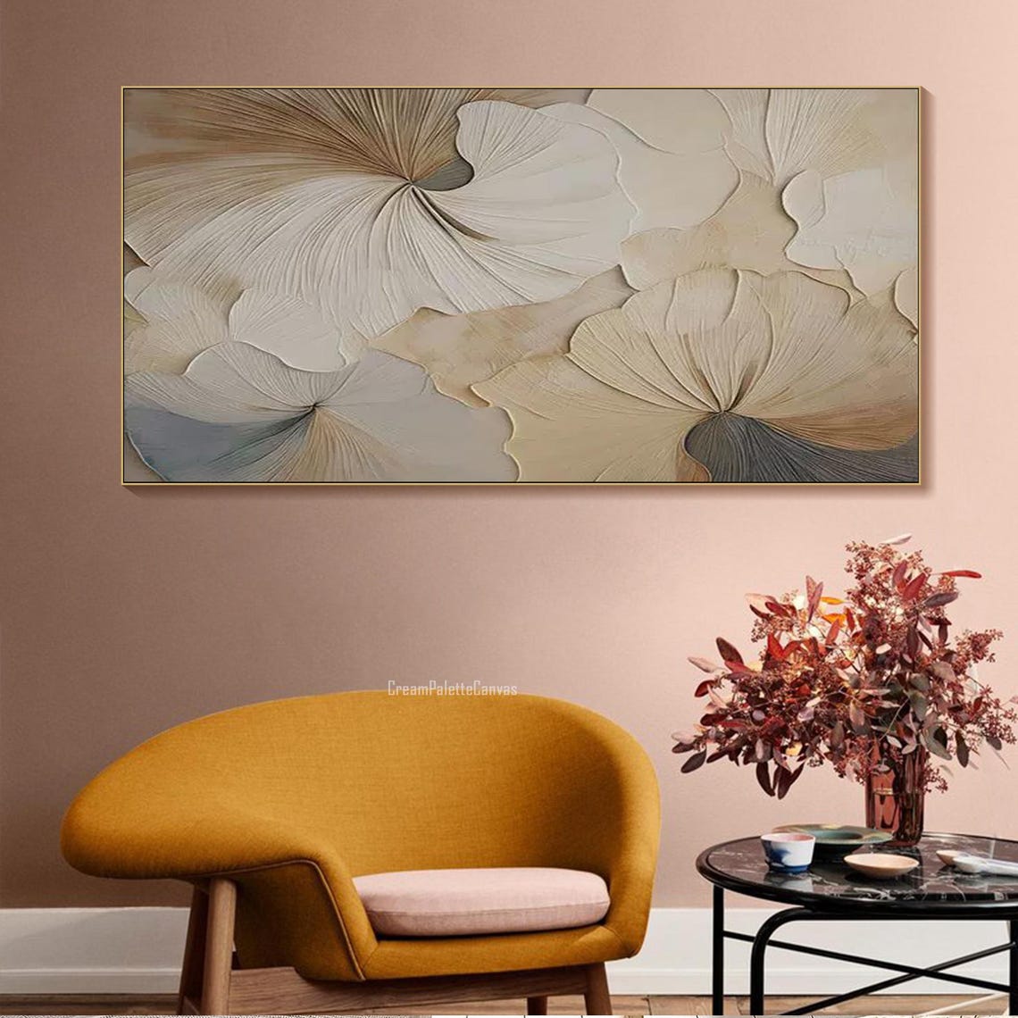 Neutral Beige Ginkgo Leaves Abstract Textured Oil Painting Wall Art - Image 3