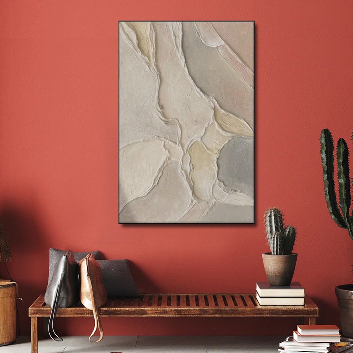 Beige Wabi Sabi Sculptural 3D Textured Abstract Oil Painting Wall Art - Image 3