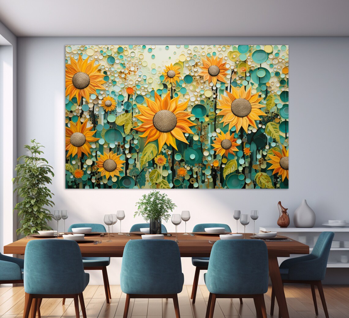 Abstract Sunflowers Painting Teal And Gold Modern Floral Wall Art