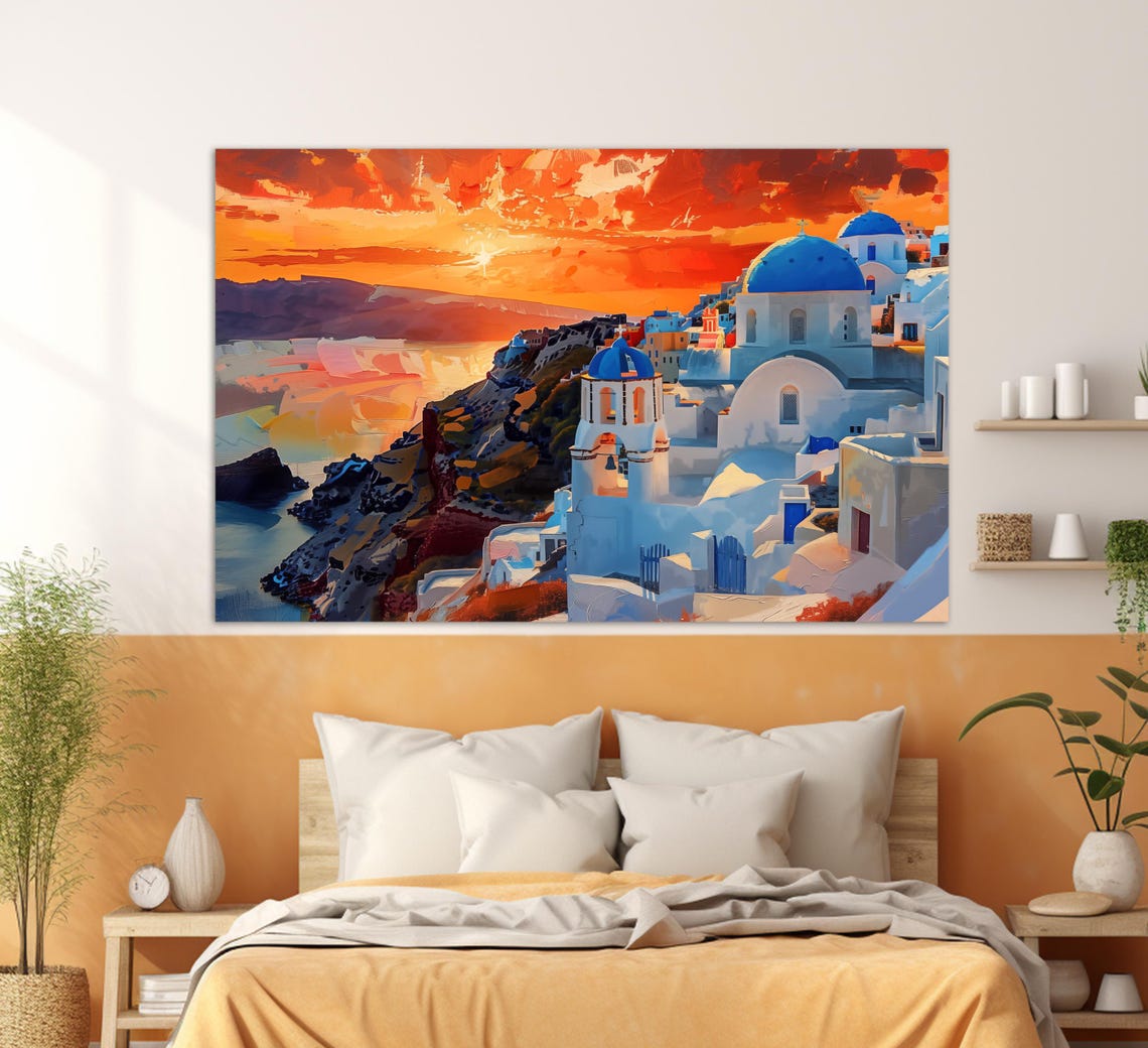 Santorini Greece Oia Blue Domes Sunset Caldera View Travel Wall Poster