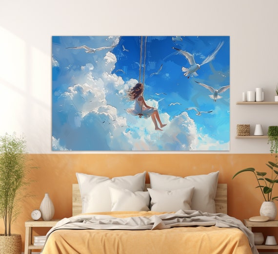 Girl On A Swing In Clouds With Seagulls Flying Painting Print Abstract Wall Art Nursery Wall Decor Bedroom Wall Art