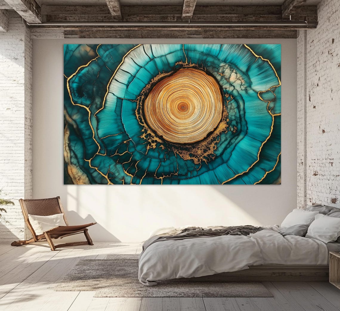 Teal Gold Agate Tree Ring Abstract Luxury Modern Wall Art Print - Image 3